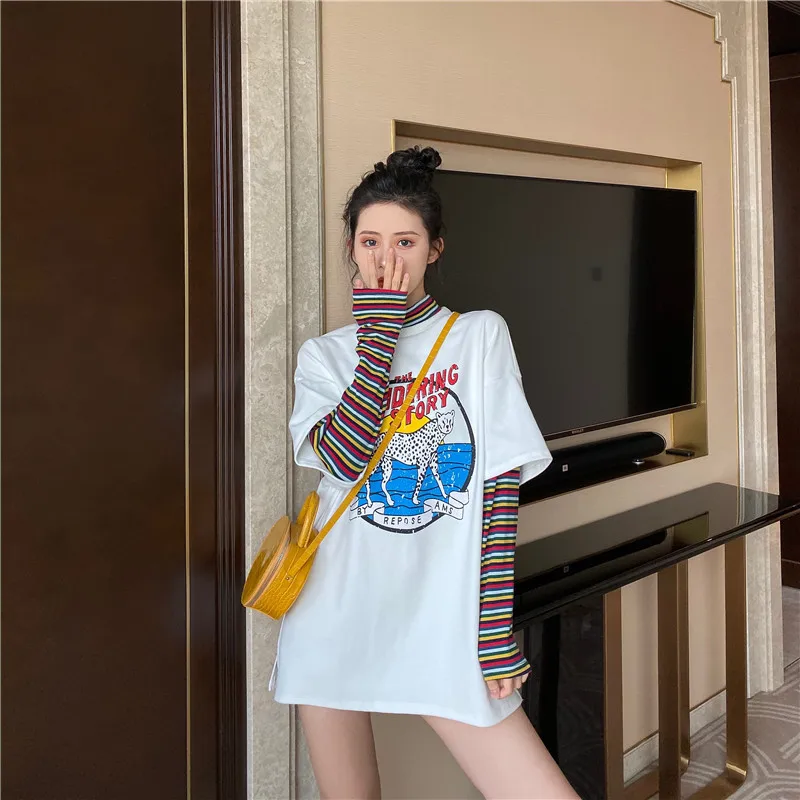 Lychee Harajuku леопардовая женская футболка с буквенным принтом поддельные 2 шт. вырез лодочкой леди пуловер Топы повседневные свободные Весенние женские футболки тройники