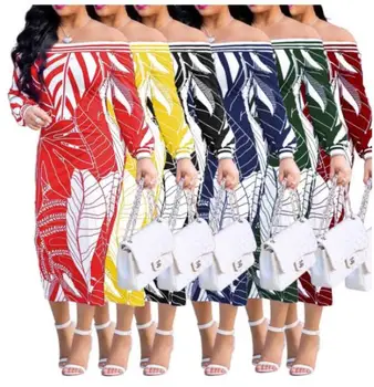 

African Dresses For Women Autumn Printed Leaves Slash Neck Crochet Mid Calf Dress Casual Bohemian Mid-Calf African Dress Vestid