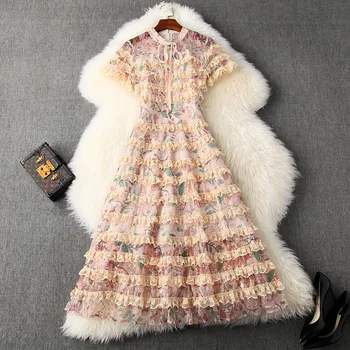 

2020 summer clothes for women dress cute ruffles striped short sleeve a-line cake lace mesh dresses