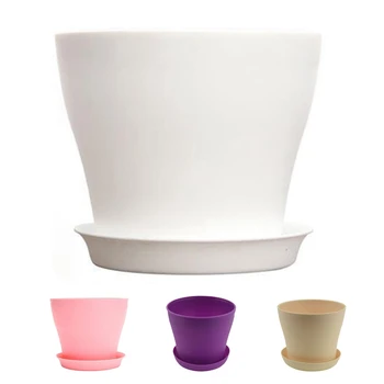 

Plastic Plant Flower Pot Planter With Saucer Tray Round Gloss Home Garden Decor