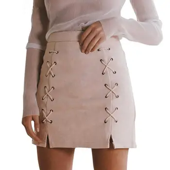 

Women Ladies Lace Up High Waisted Pencil Skirt Bodycon Suede Leather Mini Skirt High Waist Lace Up Suede Leather Pocket Skirt