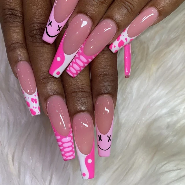 24pcs/Set Detachable Long Coffin Fake Nails European Rainbow Ballerina Full Nail Art Tips Colorful Beauty Artificial False Nails 2022-1