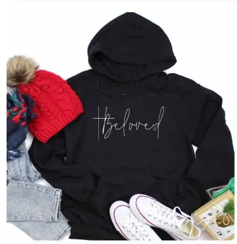 black tee white text Любимый худи с принтом, Повседневная модная толстовка с библейским стихом, хлопковый перстень из нержавеющей стали, любимый пуловер с крестиком, Подарочные Топы - Цвет: black tee white text