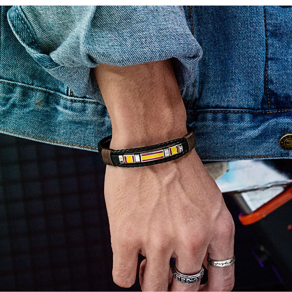 Leather Bracelets FIMAODZ Spain Flag Bracelet Men Stainless Steel Vintage Handwoven Multilayer Leather