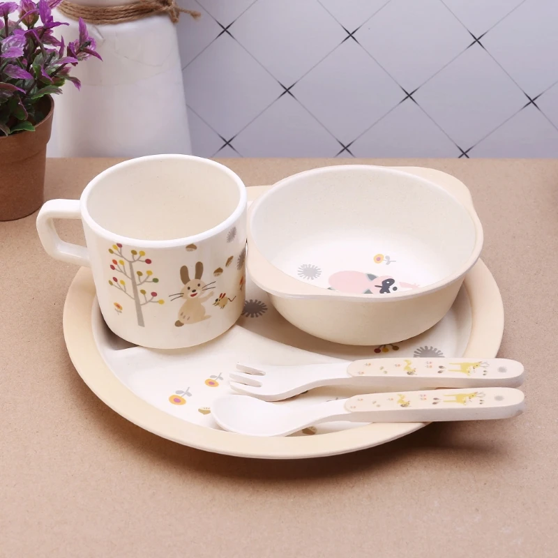 5 шт. детская миска для кормления тарелка вилки ложка чашка столовая посуда набор бамбуковая посуда