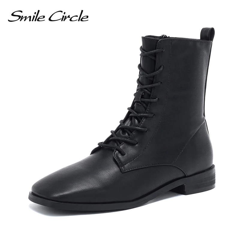 

Smile Circle short Boots Women flat shoes Fashion Side zipper British style Low heel Square toe Ladies Boots Autumn