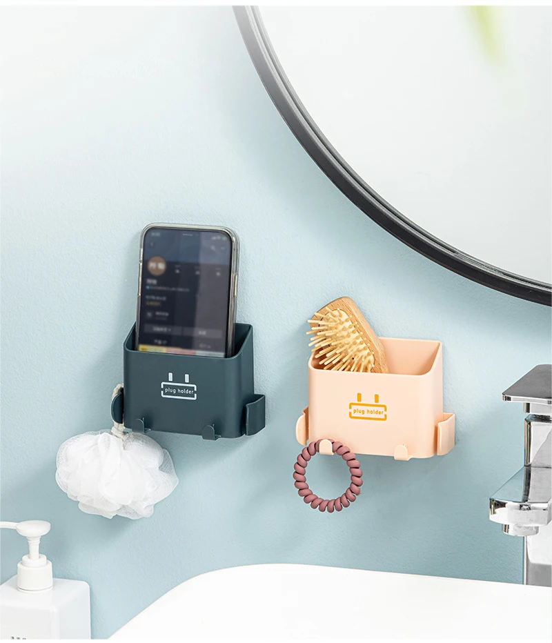 Wall-Mounted Storage Box Storage Rack Shelf Organizer Hooks Remote Control Mobile Phone Holder