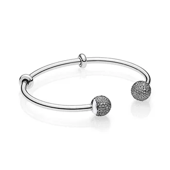 

Original 925 Sterling Silver Beads Bracelet Snake Chain Fit MOMENTS Silver Open Bangle with Pave Caps Bracelet Charms