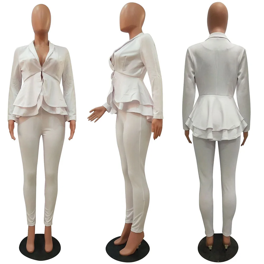 White Pants Suit SEBOWEL, Модный деловой блейзер с оборками, брюки, костюм, женский комплект 2 шт., осень, весна, для офиса, для леди, для работы, топы, куртки, штаны, наряды - Цвет: White Pants Suit