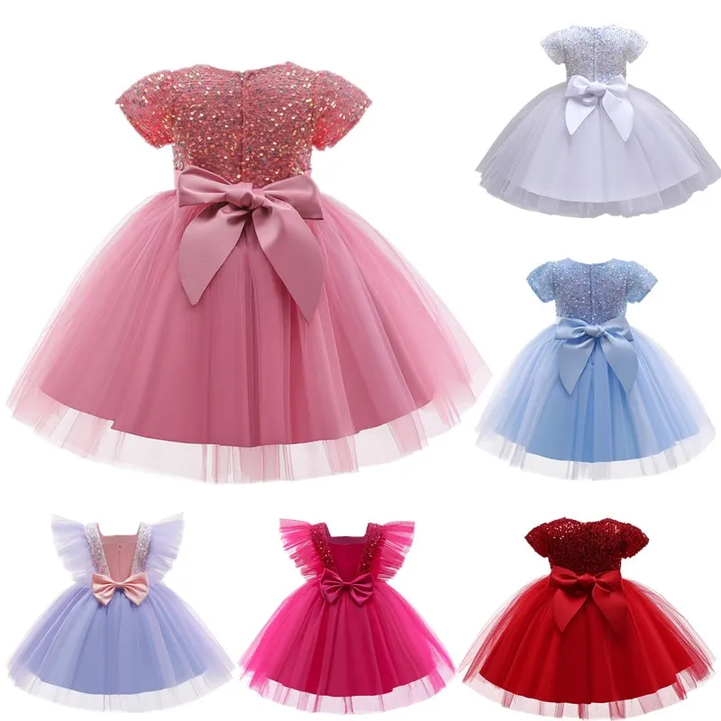 

Casual Dress For Girls 2021 Short Sleeve Bow Knot Mesh Cloth For Children Pink Wedding Birthday Costume Elegant Princess Dress