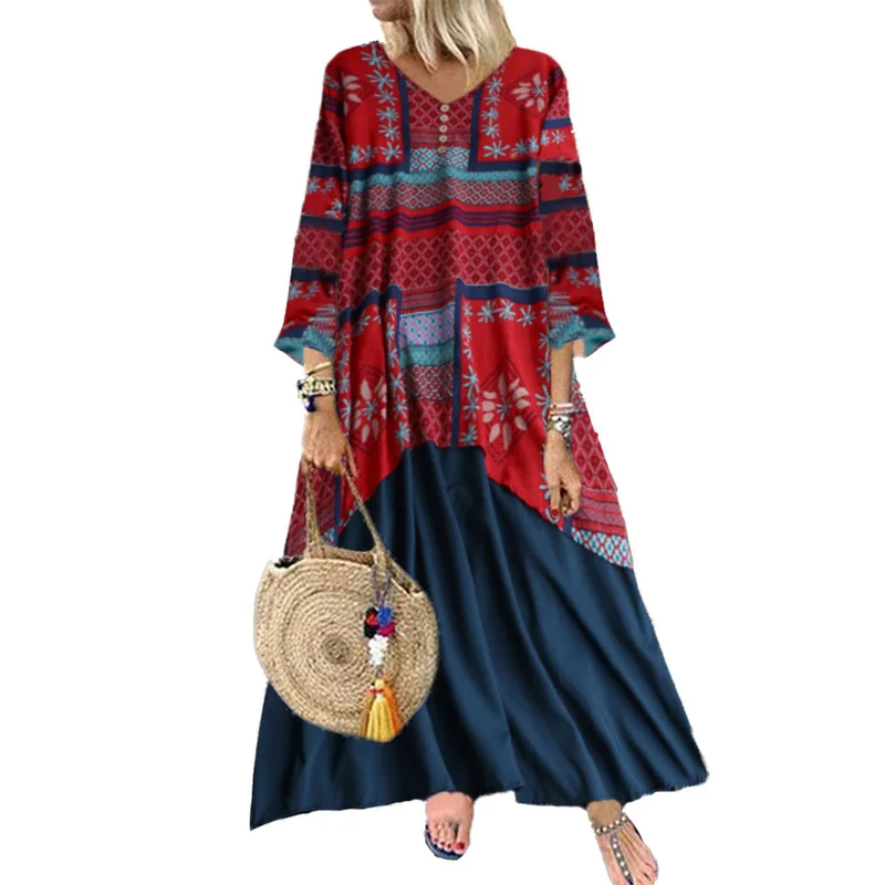 

Plus Size Dress Women Casual Loose Patchwork Three Quarter Button Ankle-Length Dress O-Neck Autumn Vintage Elegant Dress Fashion