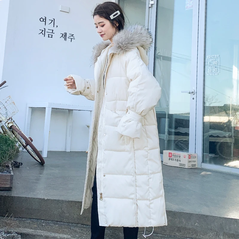 Высококачественная зимняя куртка женская с капюшоном из искусственного меха корейский стиль Женский длинное пальто свободная стеганая Верхняя одежда теплое пальто
