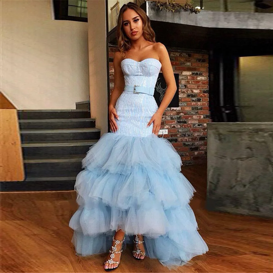 Light Blue Sweetheart Tulle Prom Dress Sequins Stunning Strapless Sleeveless High Low Prom Dress Mermaid Evening Dresses