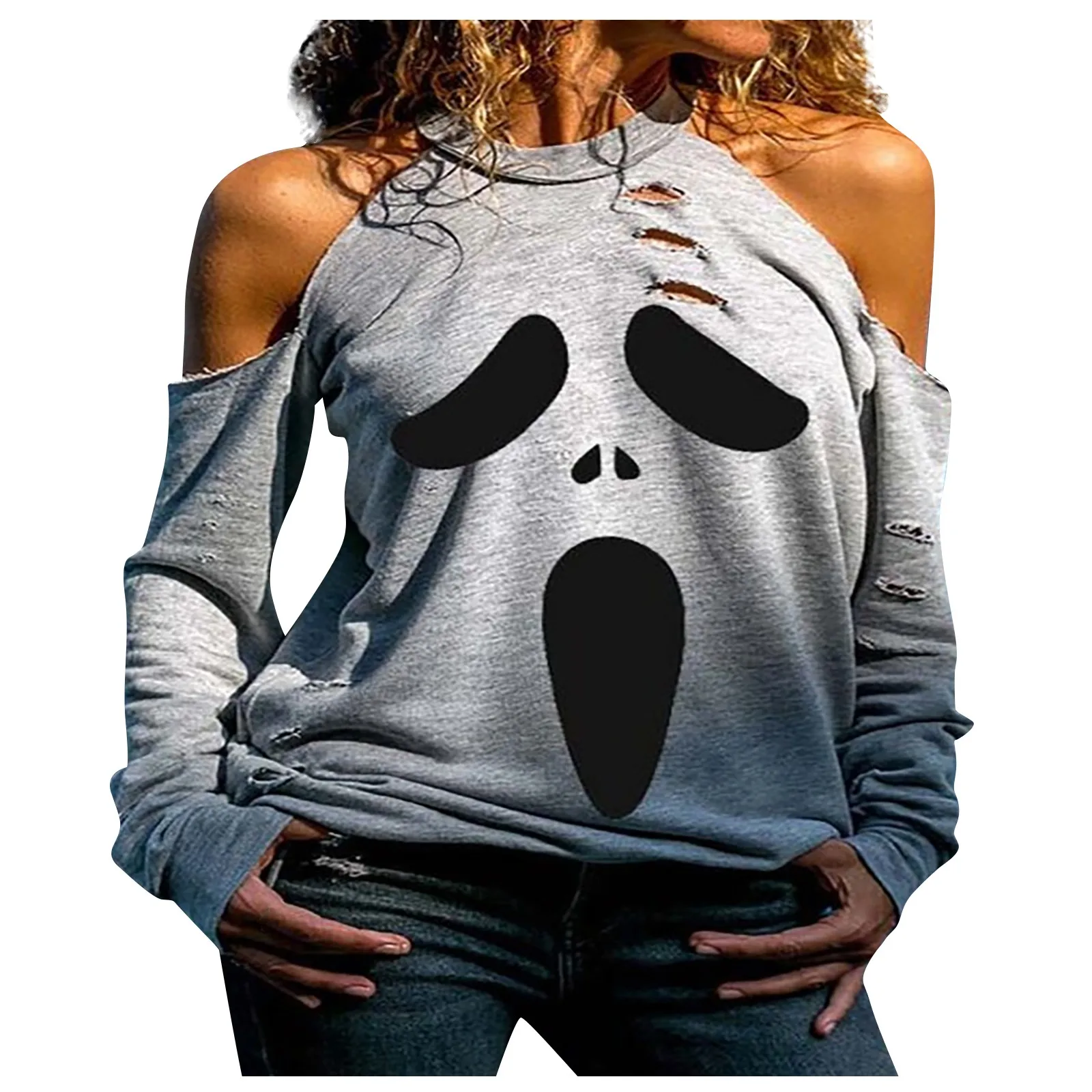 2021 New Halloween Print T-Shirts Women's High Street Off-the-shoulder Broken Hole Tops Casual Printed  Long-sleeved Tee 2