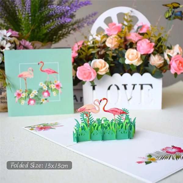 Love 3D Pop UP Cards Valentines Day Gift Postcard with Envelope Stickers Wedding Invitation Greeting Cards Anniversary for Her - Цвет: Flamingo