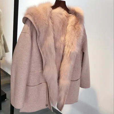 pink Пальто из натурального меха, женские парки из натурального Лисьего меха, зимняя куртка для женщин, пальто больших размеров, куртки из натурального овечьего меха с капюшоном, Femme - Цвет: pink