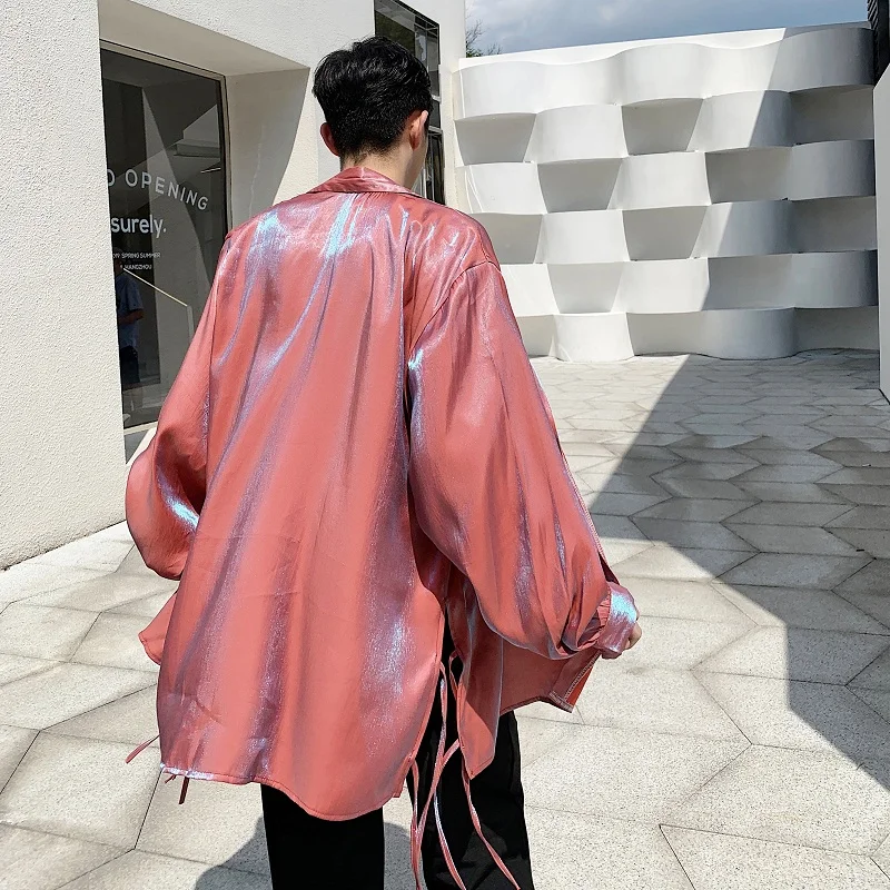 

Men Shining Long Sleeve Loose Casual Shirt Male Women Vintage Fashion Streetwear Hip Hop Shirt Stage Lovers Clothing