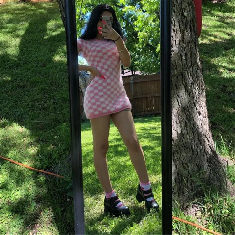 Осеннее розовое платье в клетку, женское сексуальное уличное платье Dollskill 90 s, милое короткое Пышное Платье-Свитер с коротким рукавом, вечерние платья, Клубное облегающее платье