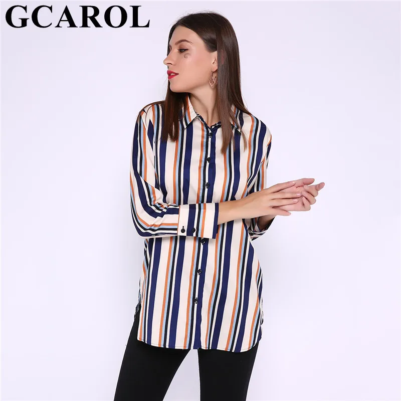 

GCAROL New Women Stripes Long Blouse 30 % Cotton Contrast Color OL Shirt Fashion Spring Fall Winter Basic Oversize Tops Clothes