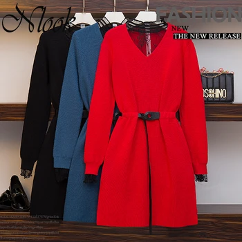

2020 Plus Size Lace Knitting Dress Long Sleeve Mid Length Office Lady Dresses Women Winter Casual Sweater Dress With Belt