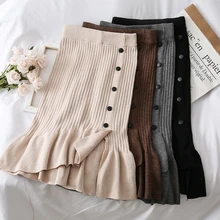 Новинка, черные, бежевые, серые, эластичные, с высокой талией, вязаные, женские юбки, Осень-зима, теплые, в рубчик, длиной до колена, женские, тянущиеся юбки с пуговицами