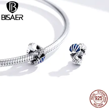 

BISAER Beads 925 Sterling Silver Shell & Starfish Blue Enamel Charms Pendant Fit DIY Pan Original Bracelet Necklace Jewelry