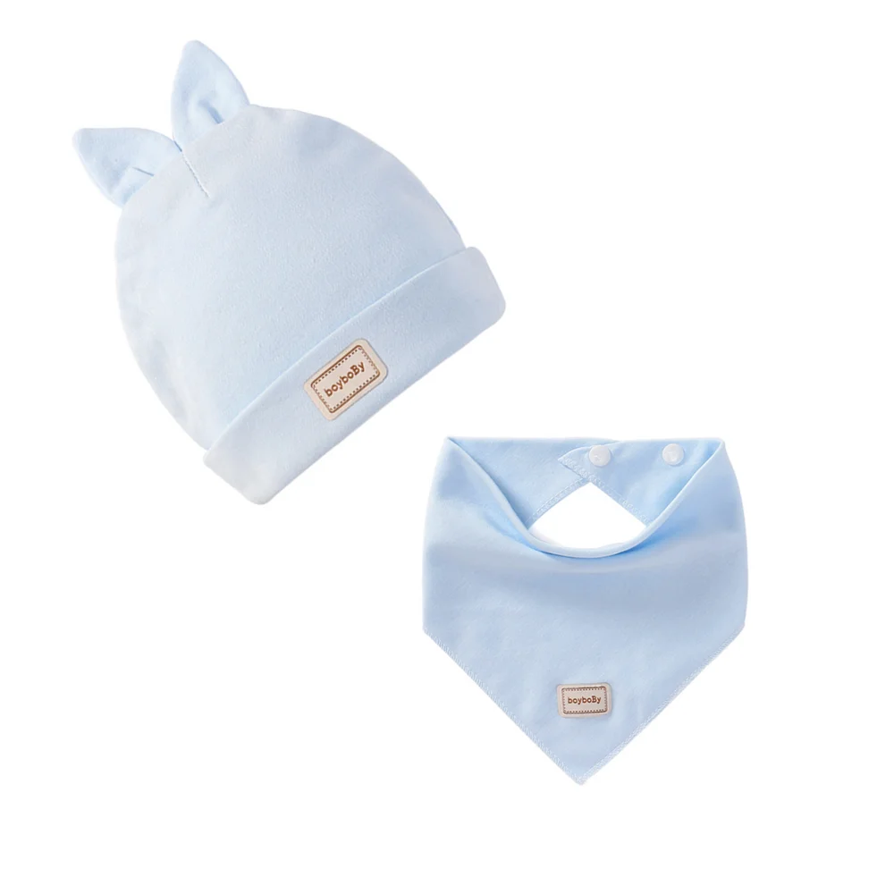 Blue Rabbit Set Милая детская шапка с нагрудником, яркие однотонные детские шапочки для мальчиков и девочек, хлопковые шапочки для новорожденных, нагрудники, шапочки для младенцев, малышей - Цвет: Blue Rabbit Set