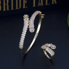 Женский Золотой медный браслет с микро проложенным багетом, цирконием, регулируемый браслет, набор колец для свадьбы, помолвки, вечерние