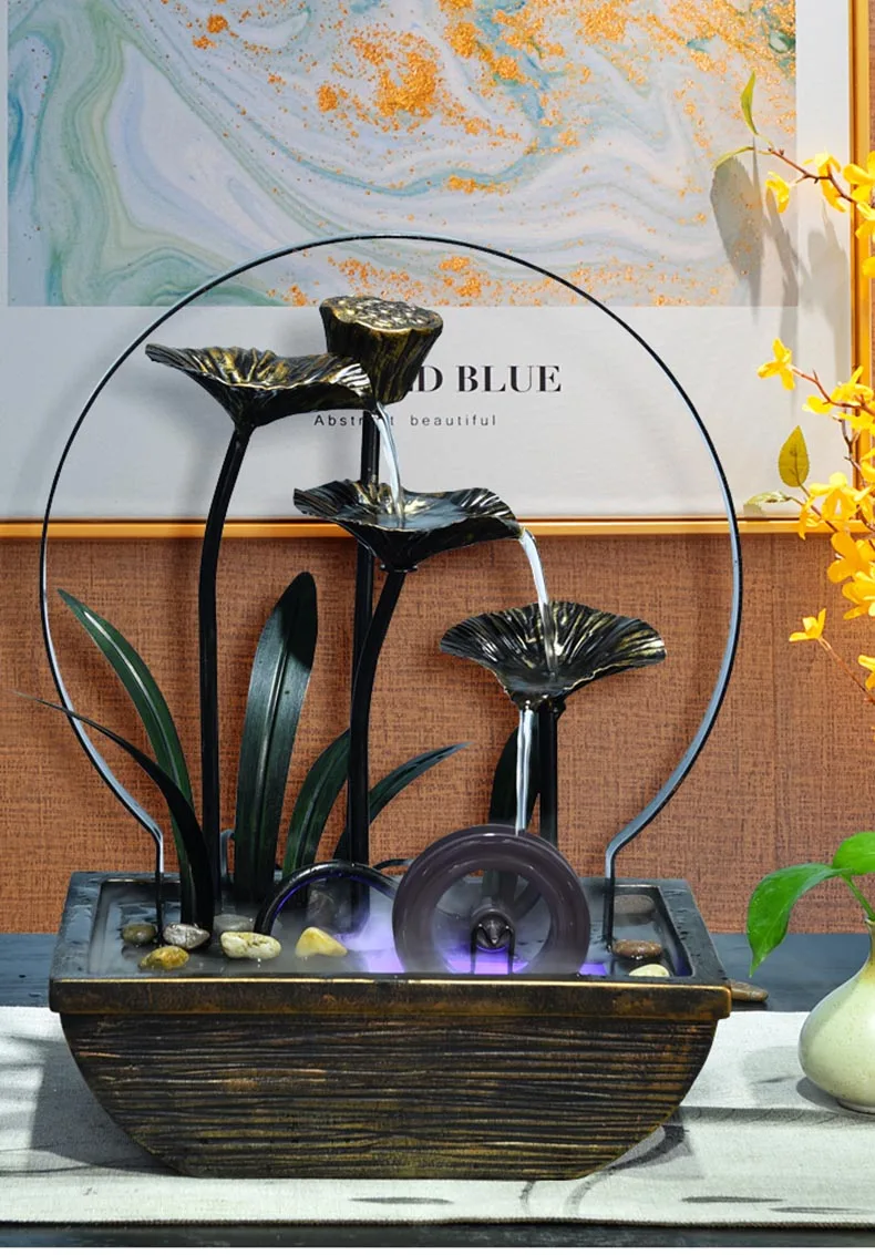 110 V-220 V креативных железных лепесток фонтан воды Lucky Feng Shui колеса водопад установка для бурения небольших Особенности увлажнитель домашний декор