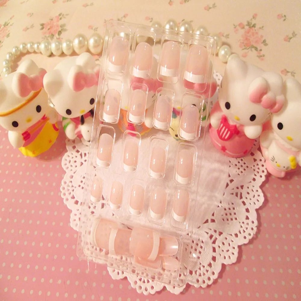 

24 Pcs French Short False Nails Natural Acrylic Fake Nail Art Tools With12pcs double-sided adhesive tapes