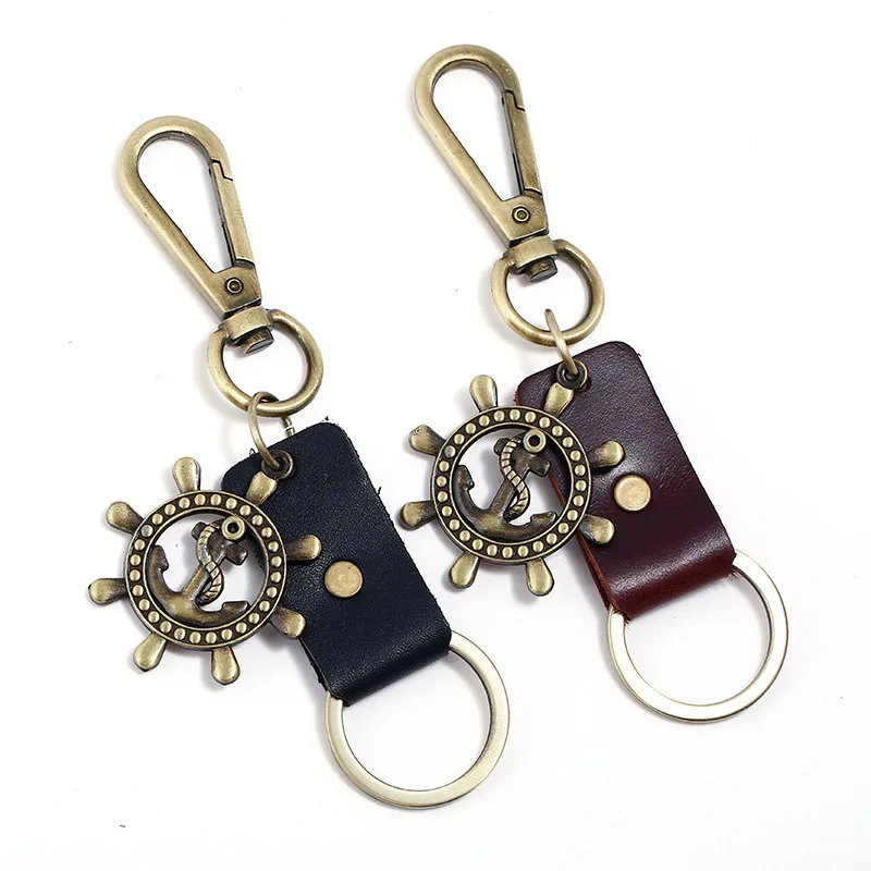 

Leather Rope Car Key Ring Men And Women Couples Alloy Rudder Creative Genuine Leather Pendant Cattle-leather Key Ring