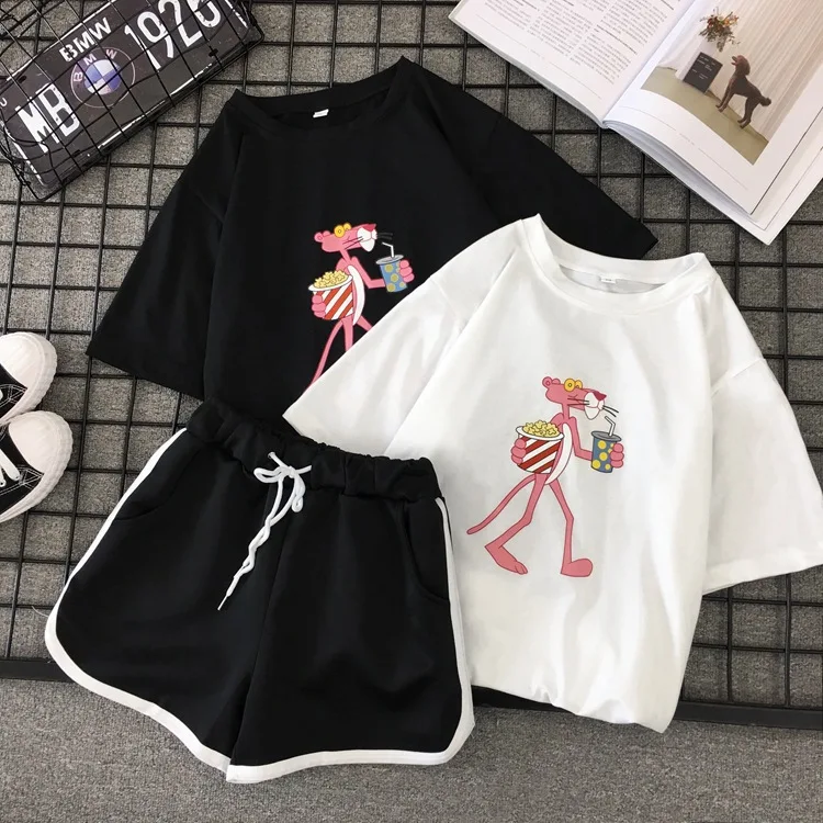 

Summer New Style Printed Loose And Plus-sized Women's Two-Piece Set Half Sleeve T-shirt Casual Shorts Set 2019 New Style Boutiqu