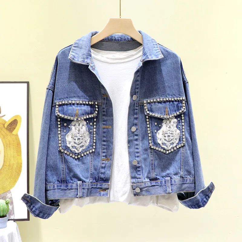 

Spring Autumn Jaqueta jeans feminina Vintage Flower Embroidery Diamond Loose Women Jeans jacket Plus size Casual Bomber jacket