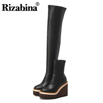 

RIZABINA 2020 High Quality Women Over The Knee Boots Wedges Platform Black Long Boots Winter Warm Women Footwear Size 34-39
