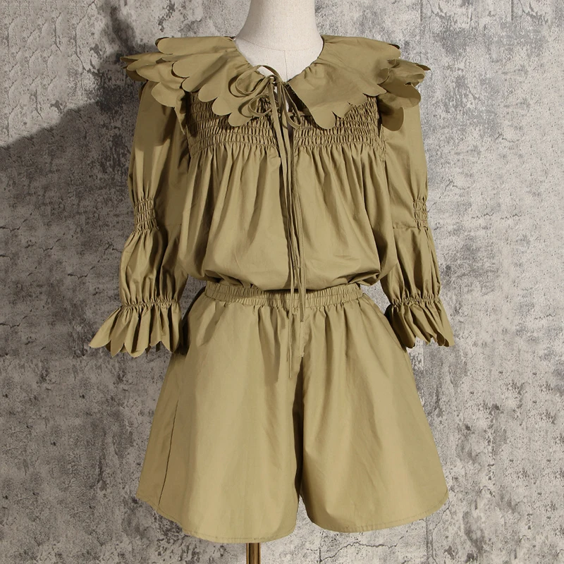 TWOTWINSTYLE Casual Women Two Piece Set Lapel Collar Lace Up Flare Long Sleeve Top High Waist Wide Leg Short Loose Suits Female
