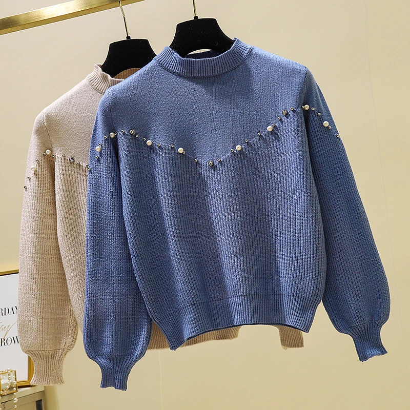 New Autumn Winter Pullovers Loose Women's Knitting Sweater With Pearls Beading Lantern Sleeve Ladies Knitted Sweater Femme