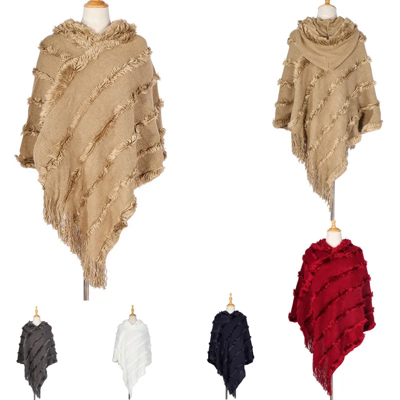 

Spring Autumn Asymmetric Cashmere Poncho Jumper Cloak Sweater Women Knit Hooded Pullover with Tassel Cape Poncho Femme Hiver