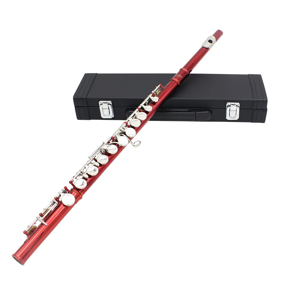 16 Holes C Key Western Concert Flute Cupronickel Plated Woodwind Instrument with Cleaning Cloth Stick Gloves Mini Padded Case