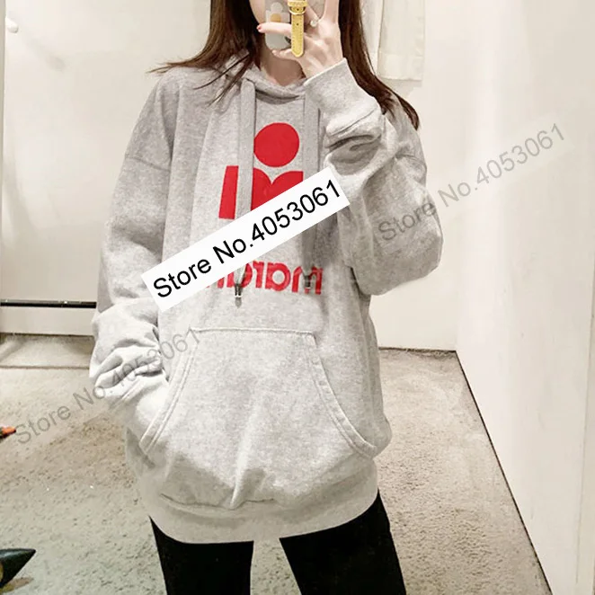 Grey with red letter Новейшая Женская хлопковая толстовка с капюшоном большого размера с опущенными плечами и логотипом спереди и карманами-кенгуру - Цвет: Grey with red letter