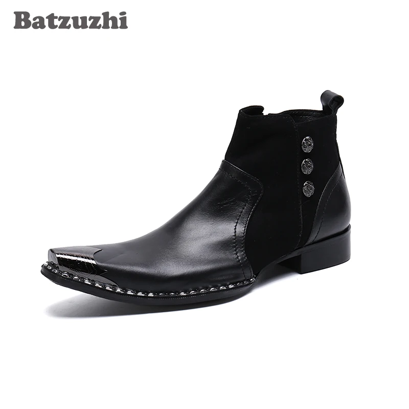 Batzuzhi Western Fashion Men's Boots Pointed Metal Toe Genuine Leather Dress Boots Business Black Leather Boots Botas Militares