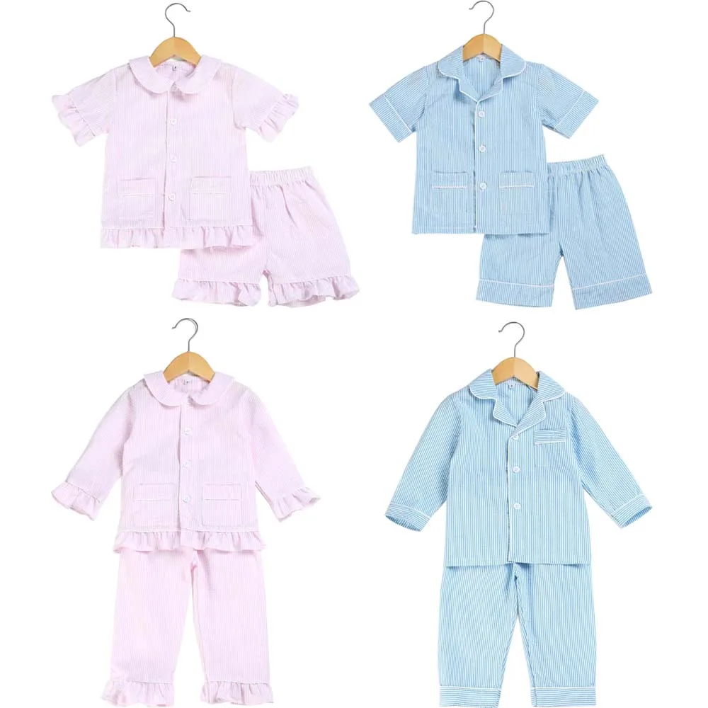 Cotton Stripe Seersucker Summer Pajamas Sets Boutique Home Sleepwear For Kids Boy And Girl12m-12years Button Up Pjs