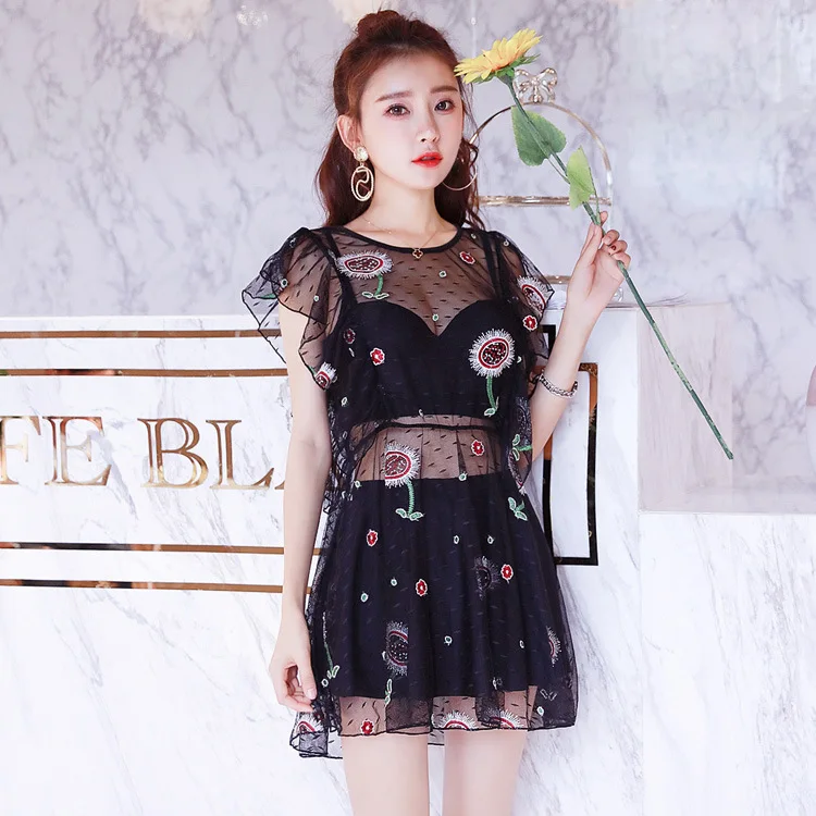 

2018 New Style Lace Split Skirt-Swimwear Slimming Bikini Three-piece Set Swimwear Female Underwire Small Bust Gathering