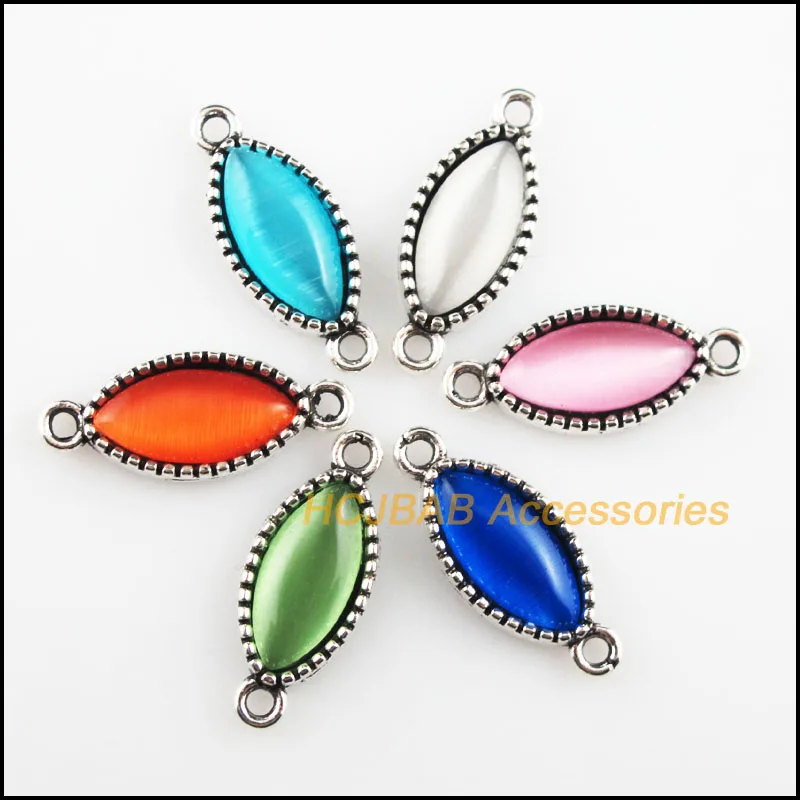 

12 New Oval Charms Tibetan Silver Stone Mixed Eye Connectors 10x24mm
