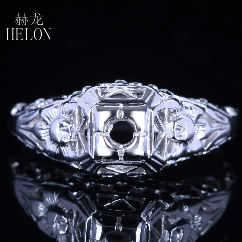 

HELON 925 Sterling Silver Women Engagement Wedding Ring Fit 3-3.5mm Round Cut Semi Mount Ring Vintage Fine Jewelry
