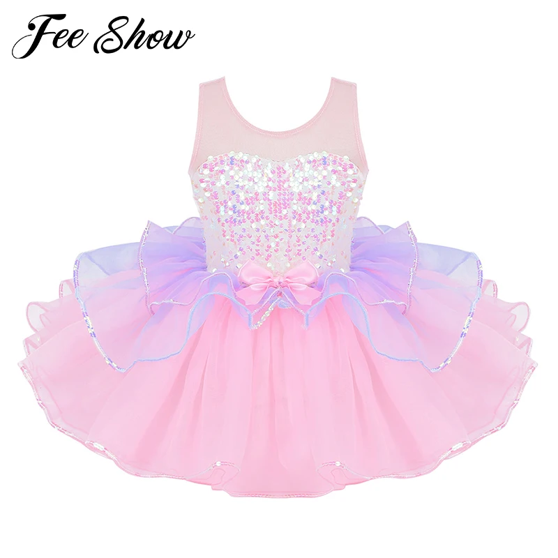 Kids Girls Shiny Sequins Bowknot Mesh Splice Dancewear Ballet Gymnastics Leotard Tutu Dress Performance Competition | Детская одежда и