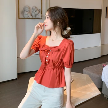 

COIGARSAM Cute Short Sleeve blouse women New Summer Chiffon blusas womens tops and blouses Red 970