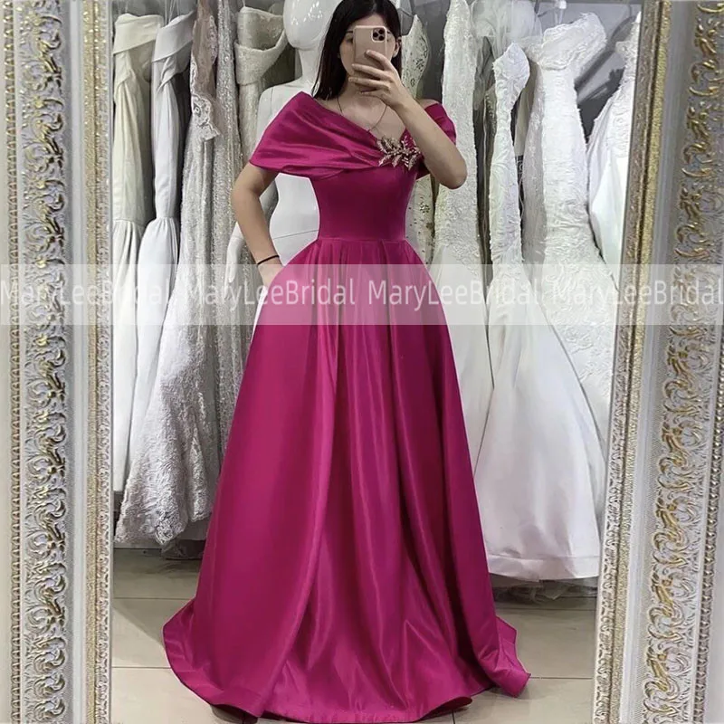 Off The Shoulder Fuchsia Prom Dresses With Pocket Simple A-Line Satin Evening Dress Long Formal Party Gowns Vestidos De Fiesta hot pink prom dress