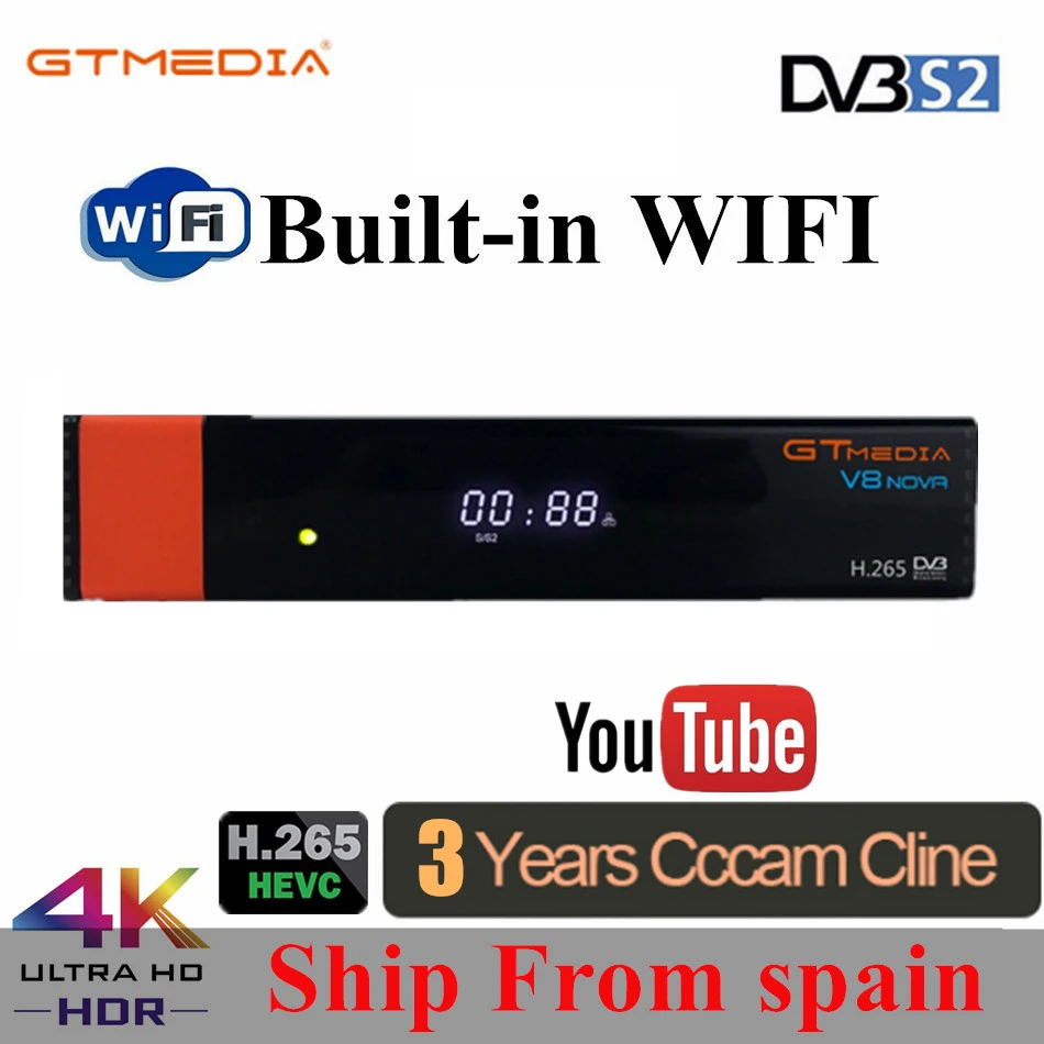 

GT Media V8 Nova DVB-S2 Freesat V7s hd Satellite Receiver H.265 Built-in WIFI+3 Year Europe Spain CCcam New Version of V8 Super