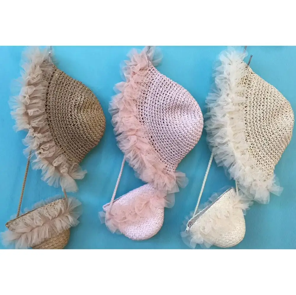 

2Pcs/Set Child Girl Lace Sun Hats For Mesh Straw Beach Side Cap Floppy Female Lace Solid Fringe Straw Hat Summer Hat Chapeu