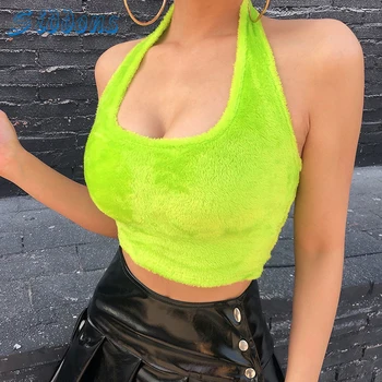 

SIDDONS Women Crop Tank Top Halter Sling Sleeveless Plush Solid Color Slim Camisole Summer Hip-Hop Sexy Exposed Navel Tank Tops